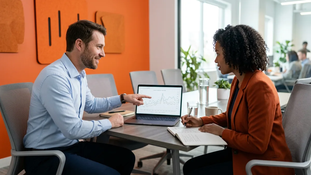 Recruiter and hiring manager reviewing a contract assignment length chart on a laptop in an office with orange accent wall