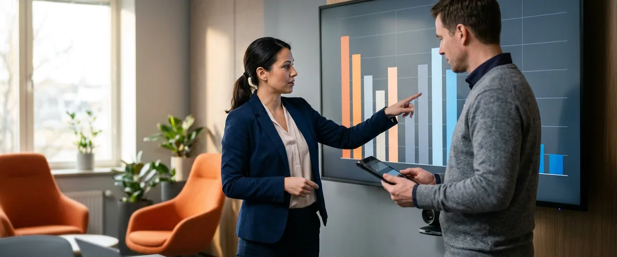 Recruiter and hiring manager reviewing a contract assignment length chart on a laptop in an office with orange accent wall