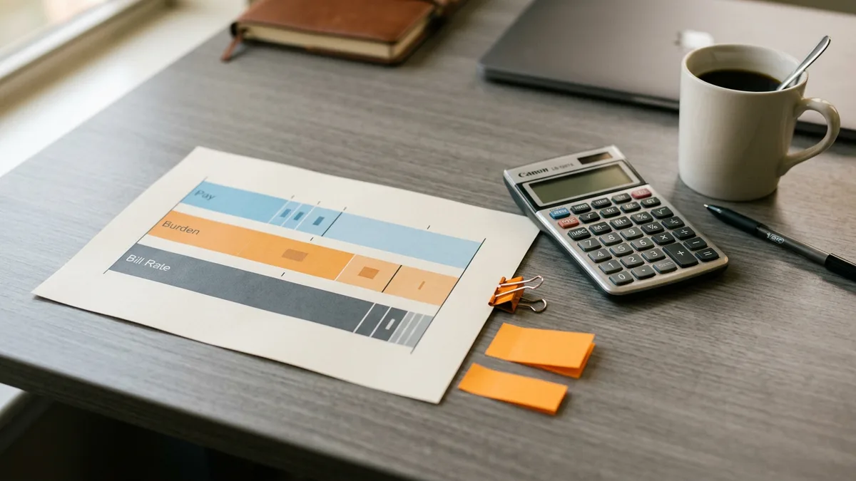 Printed contract bill rate breakdown sheet showing pay, employer burden, and billed rate