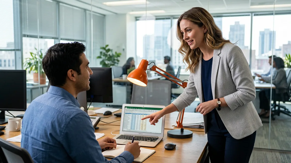 Accounting manager in a light gray blazer pointing at a laptop spreadsheet while explaining it to a seated colleague