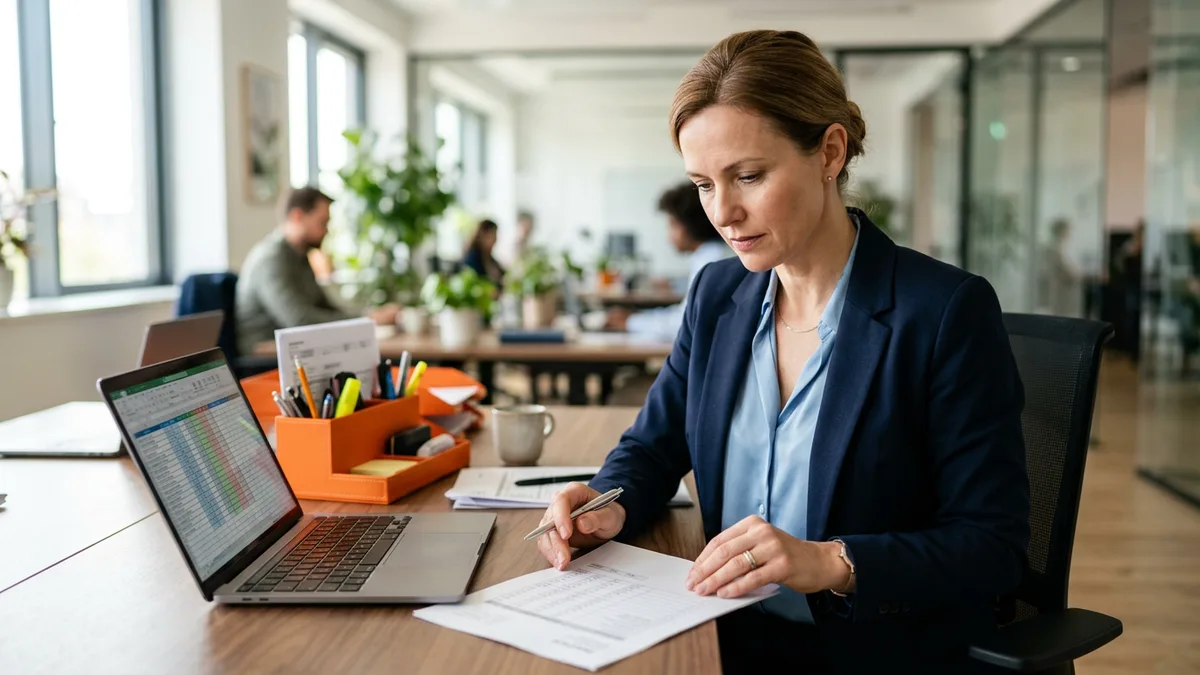 Controller in a navy blazer reviewing a printed invoice next to a laptop showing a spreadsheet in a bright finance office
