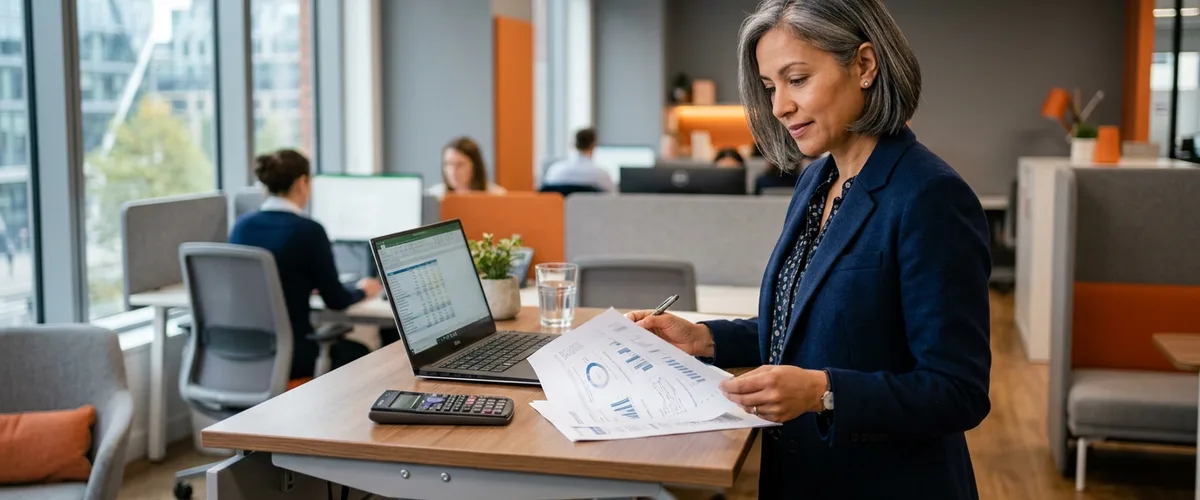 Finance office with warm lighting and orange accents representing contract controller and accounting manager staffing