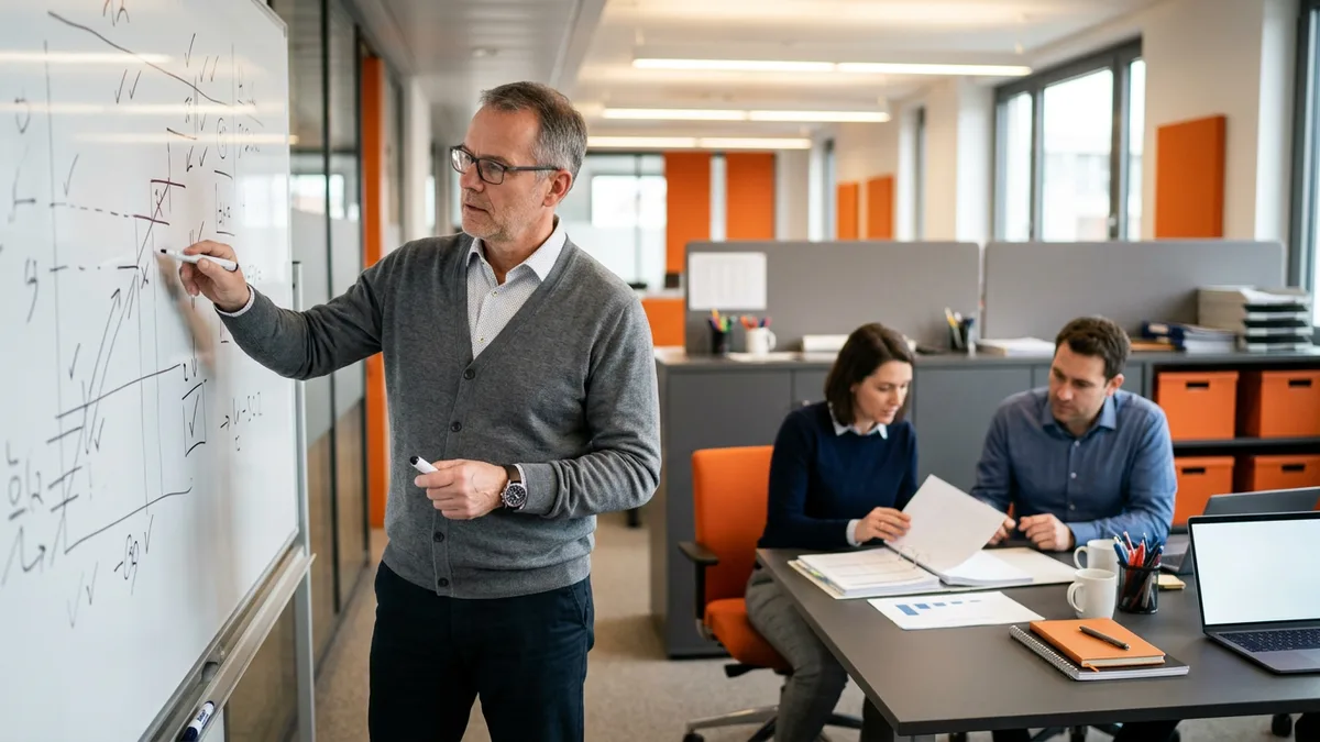 Controller in a gray cardigan standing at a whiteboard covered in a month-end close checklist while two colleagues review a binder nearby