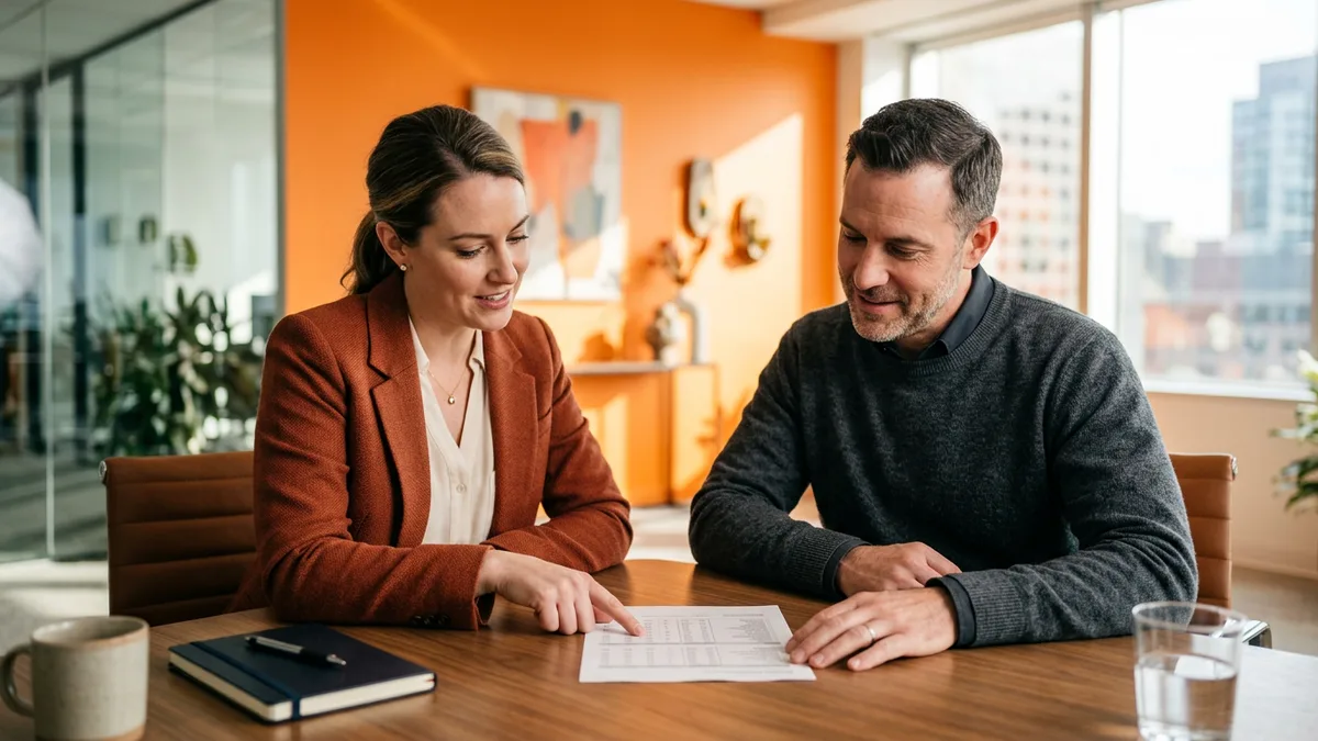 Recruiter in a rust blazer and a finance hiring manager in a charcoal sweater reviewing a printed contract bill rate sheet across a wooden table