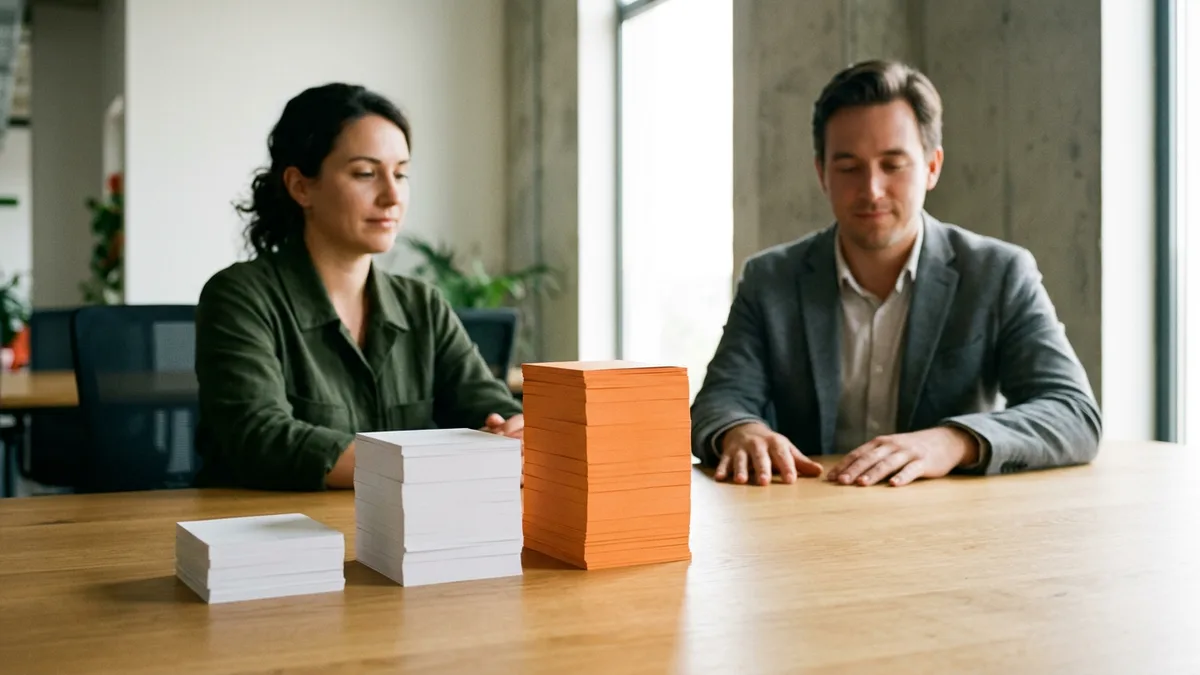 Marketing lead in a green jacket and a recruiter in a gray blazer seated across a wooden table with three rising stacks of blank cards, the tallest orange