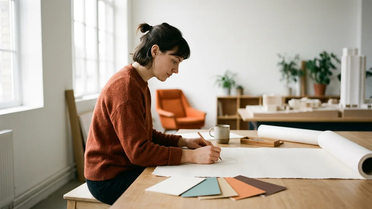 Graphic designer in a rust-colored sweater sketching with a pencil on a large sheet of paper beside fanned color swatch cards at a wooden studio desk