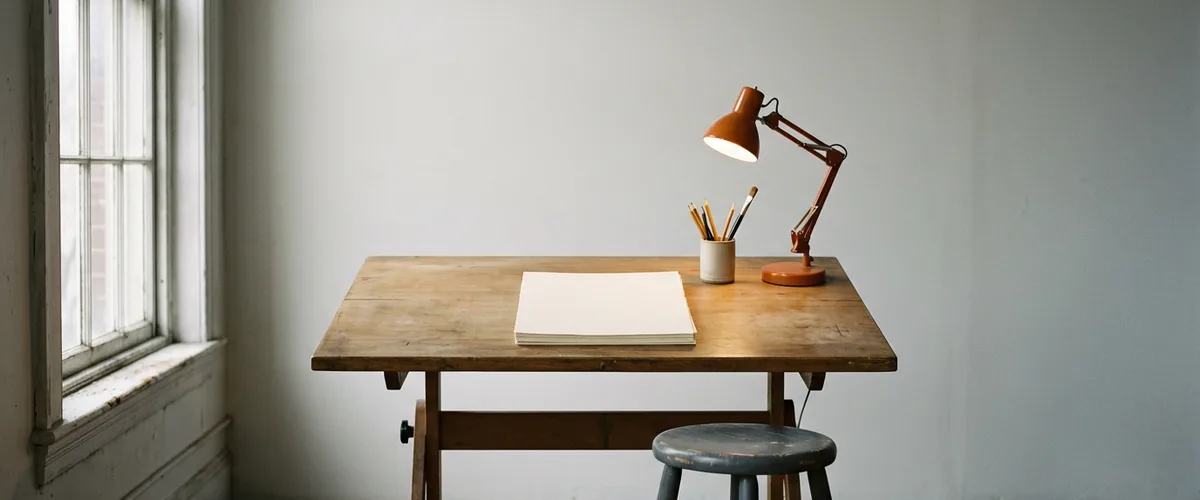 Wooden drafting table with a stack of blank paper, a cup of pencils and an orange desk lamp beside a gray stool in an empty creative studio