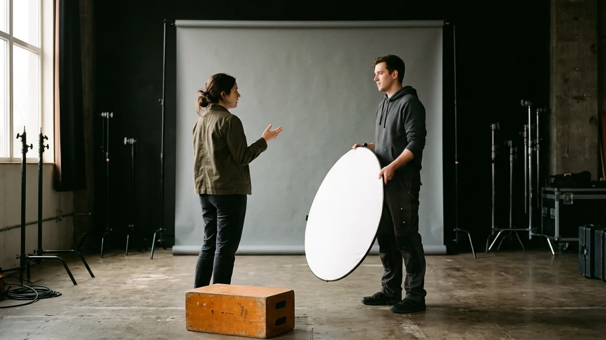 Video producer in a dark jacket talking with a crew member holding a white reflector in front of a gray paper backdrop on an empty video stage