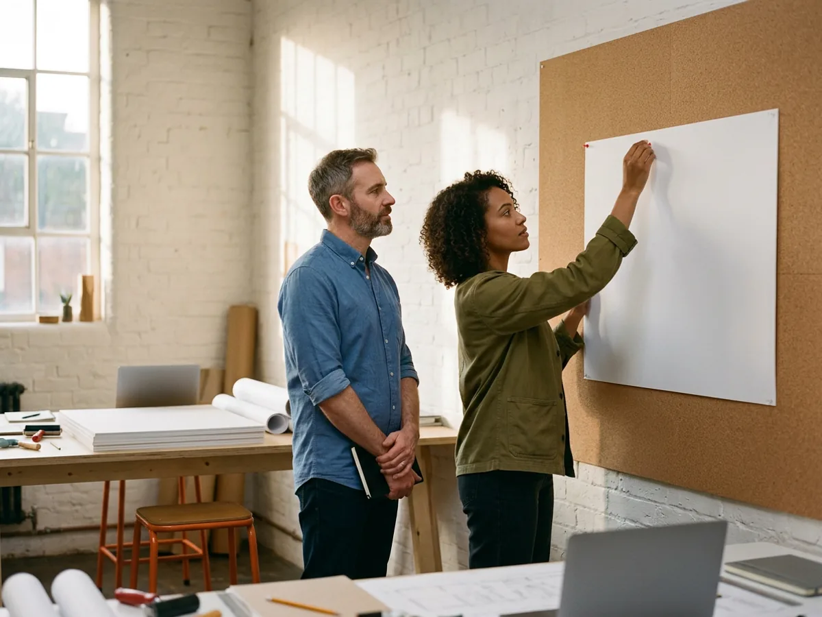 Contract designer in an olive work jacket pins a large blank layout board to a cork wall while a marketing lead in a blue shirt studies it beside her in a bright brick-walled studio