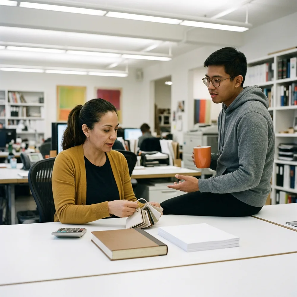 Studio producer in a mustard cardigan holds a fabric swatch ring beside a calculator, a closed ledger and blank sheets while a colleague in a grey hoodie holds an orange mug