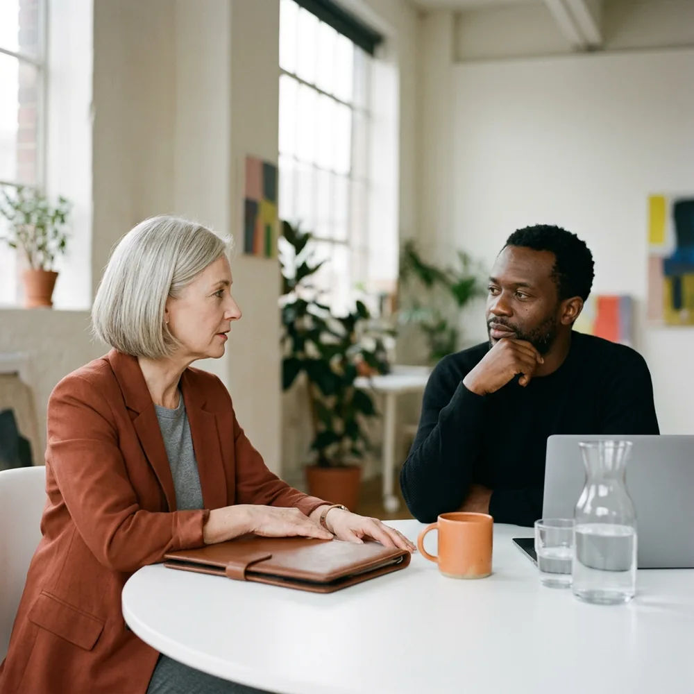 Recruiter in a rust blazer rests a closed leather portfolio on a round white table while a creative director in a black sweater listens with his chin on his hand