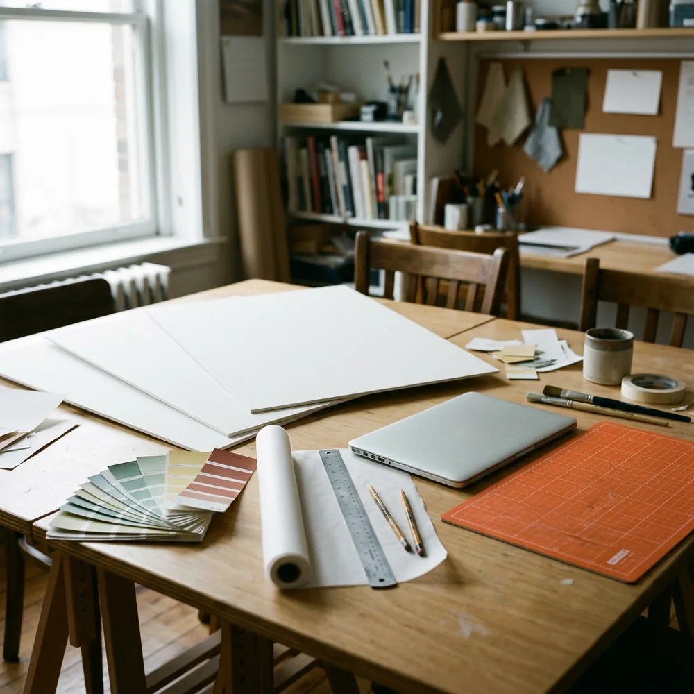 Creative studio worktable with blank layout boards, a fan of paint-chip colour cards, a roll of tracing paper, pencils, a steel ruler, a closed laptop and an orange cutting mat