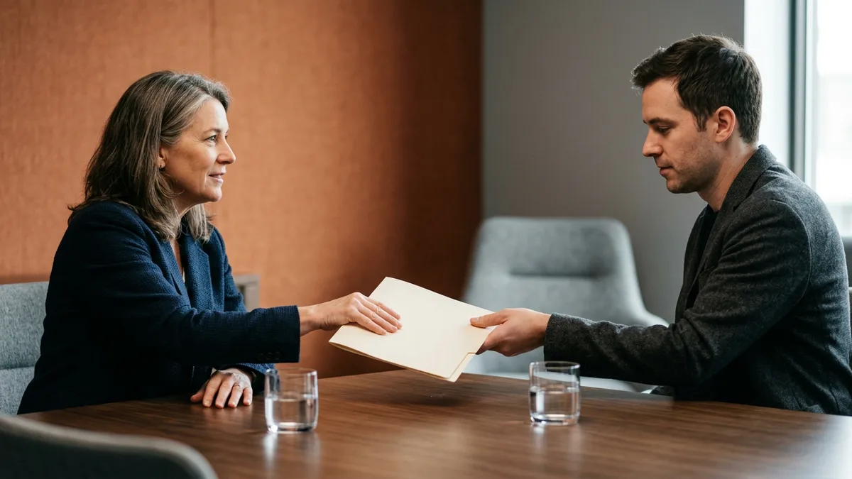 In-house brand lead handing a blank folder across a conference table to a contract art director in front of an orange wall
