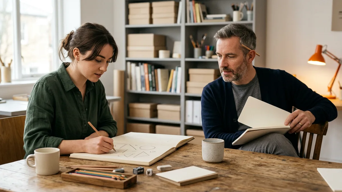 Graphic designer sketching abstract shapes beside a copywriter holding a blank notebook at a wooden studio desk with an orange lamp