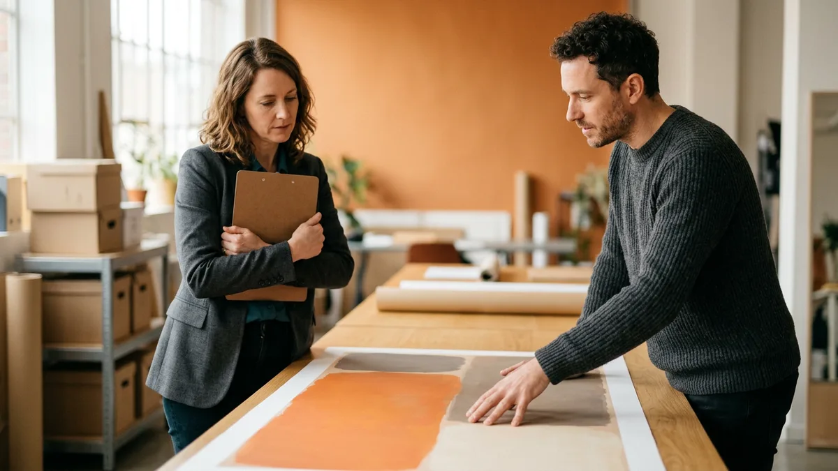Creative project manager holding a clipboard and an art director resting a hand on a color-block print at a long studio table planning a campaign launch