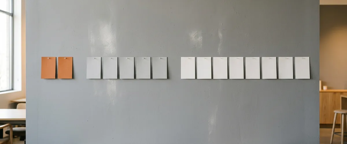 Gray studio wall with blank paper cards pinned in three groups, one group for each wave of a contract creative launch team