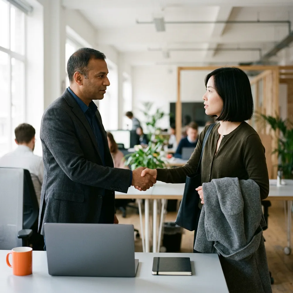 Project manager in a charcoal blazer shakes hands with a new contractor beside a desk set up for her with a closed laptop, a notebook and an orange mug
