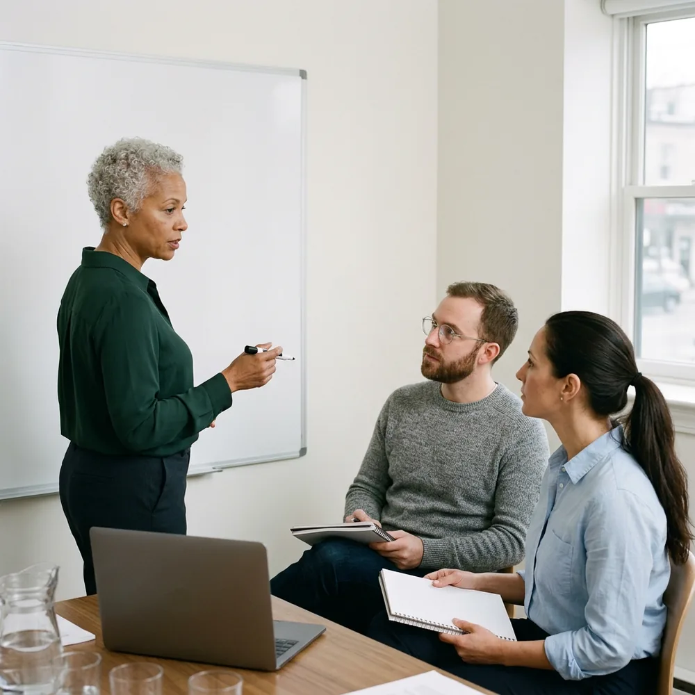 Hiring manager at a blank whiteboard directs two contractors who listen with notebooks on their knees in a bright meeting room