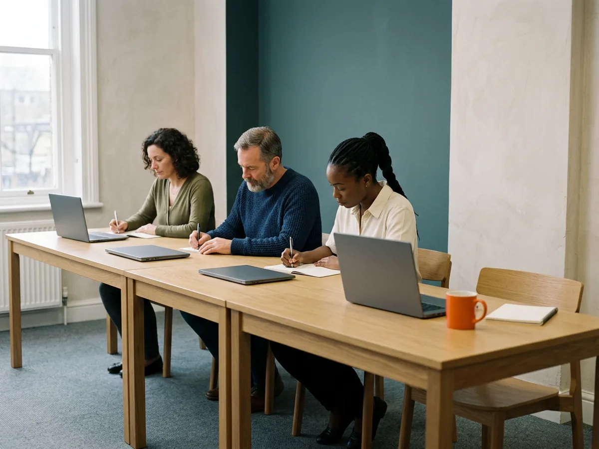 Three contractors work at a row of four places at a long oak table in a project room, with the fourth chair empty and an orange mug beside its closed laptop