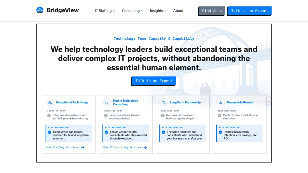 BridgeView IT homepage — boutique contract DBA staffing