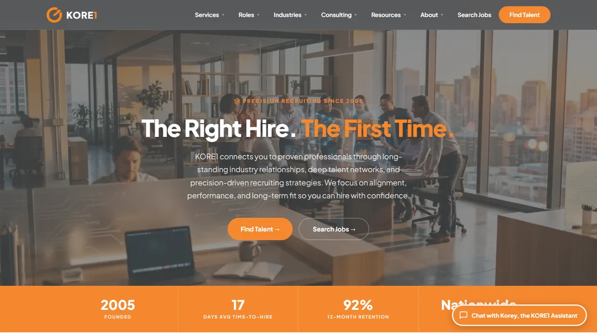 KORE1 homepage — best contract DBA staffing firm 2026