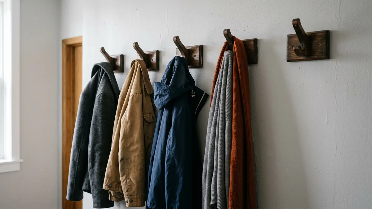 Five wooden coat hooks on a pale gray wall holding a charcoal coat, tan jacket, navy rain shell and gray cardigan with orange scarf, the last hook empty