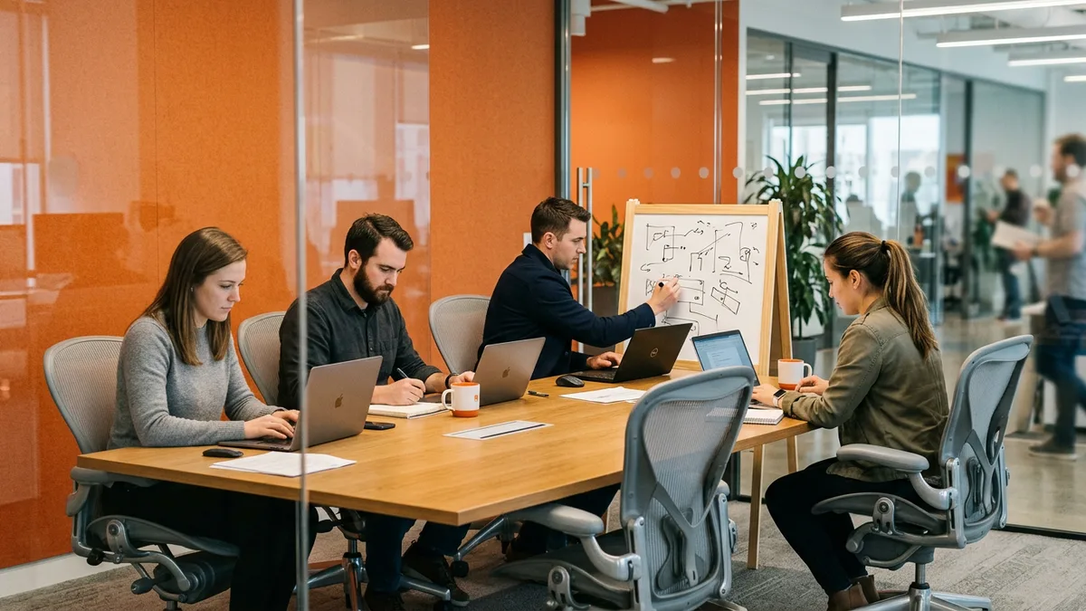Four contract engineers working at a shared table in a project room on a time-boxed .NET 10 upgrade