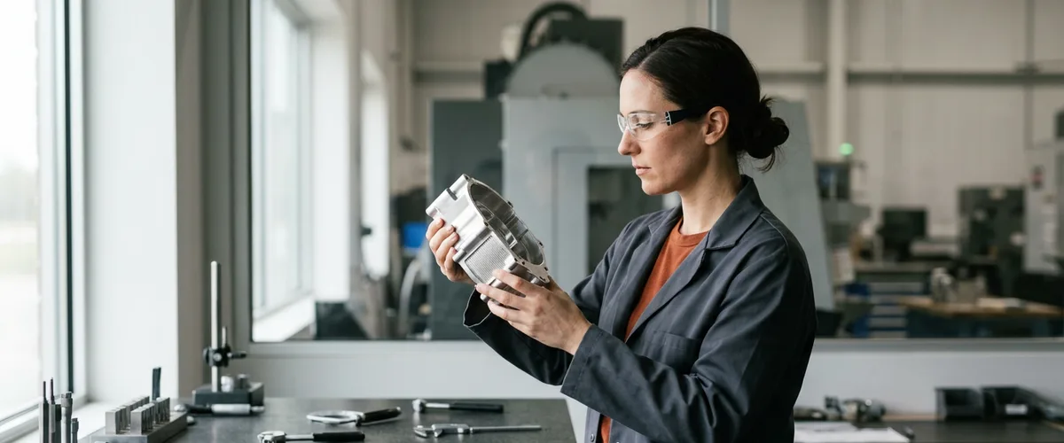Contract quality engineer in safety glasses examining a precision machined aluminum housing in a quality lab