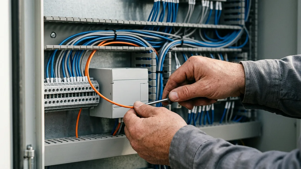 Controls engineer routing an orange wire into terminal blocks inside an industrial PLC control cabinet