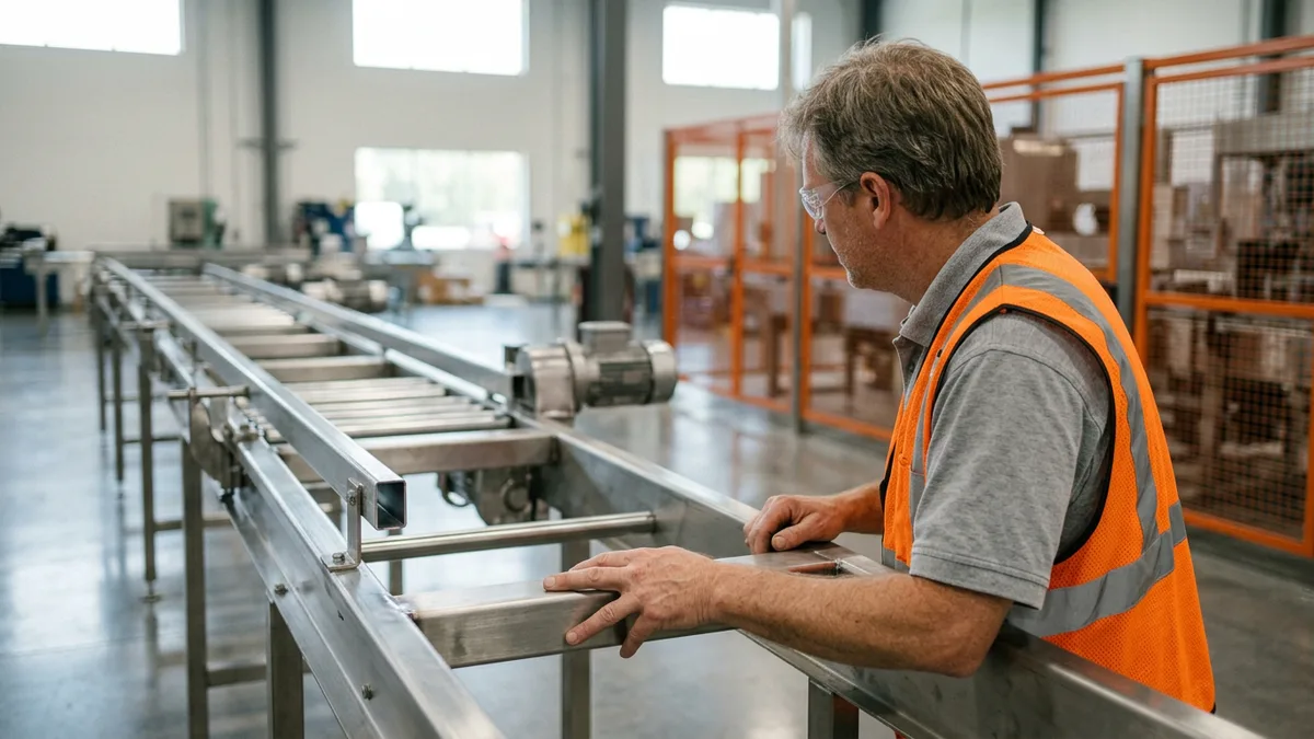 Contract mechanical engineer in safety glasses and an orange vest inspecting a stainless steel conveyor frame on a manufacturing floor