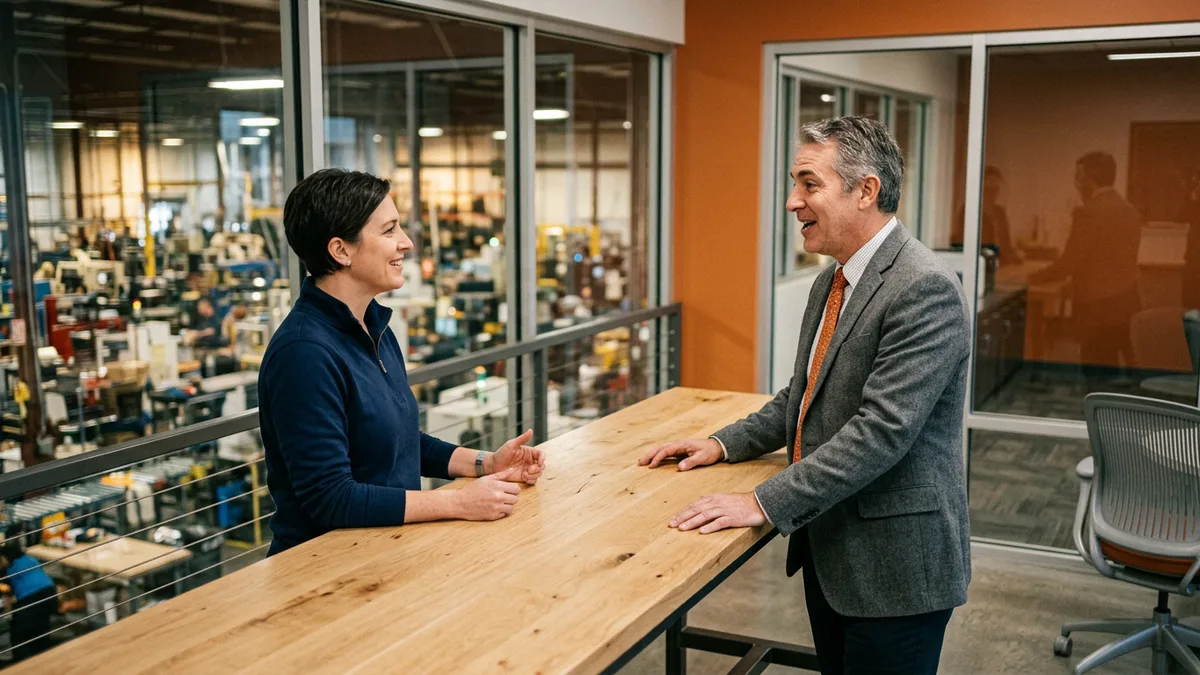 Plant operations manager and a staffing recruiter discussing contract engineer bill rates at a table overlooking a factory floor