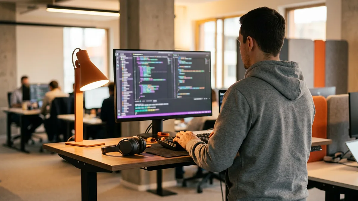 Software engineer in a gray hoodie writing code at a standing desk beside an orange desk lamp, a contract engineer keeping a project moving