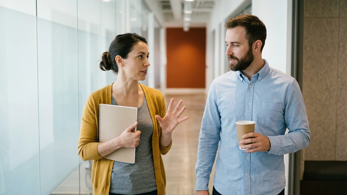 Woman in a mustard cardigan carrying a closed notebook gestures while talking with a bearded man in a light blue shirt holding a coffee cup in an office corridor