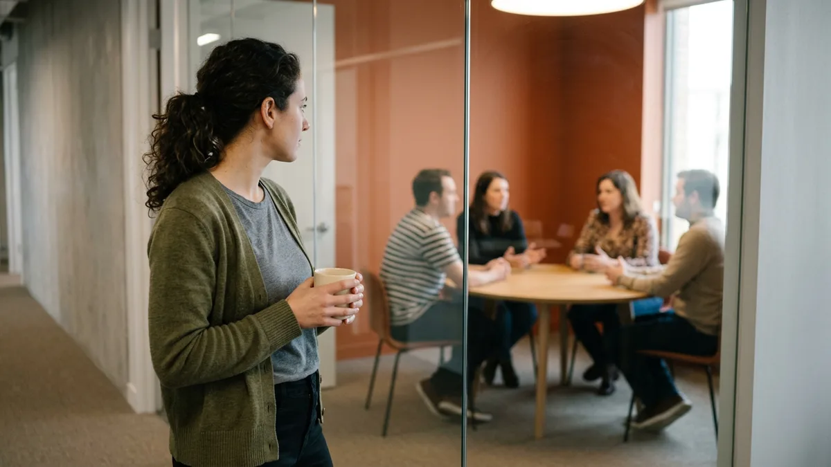 Software engineer in an olive cardigan holding a coffee mug in a corridor and looking through a glass wall at four colleagues meeting around a round table