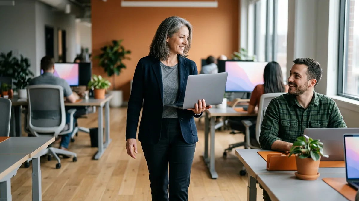 Smiling engineering lead carrying a laptop across an open-plan office toward a colleague at a desk to pair on a code review