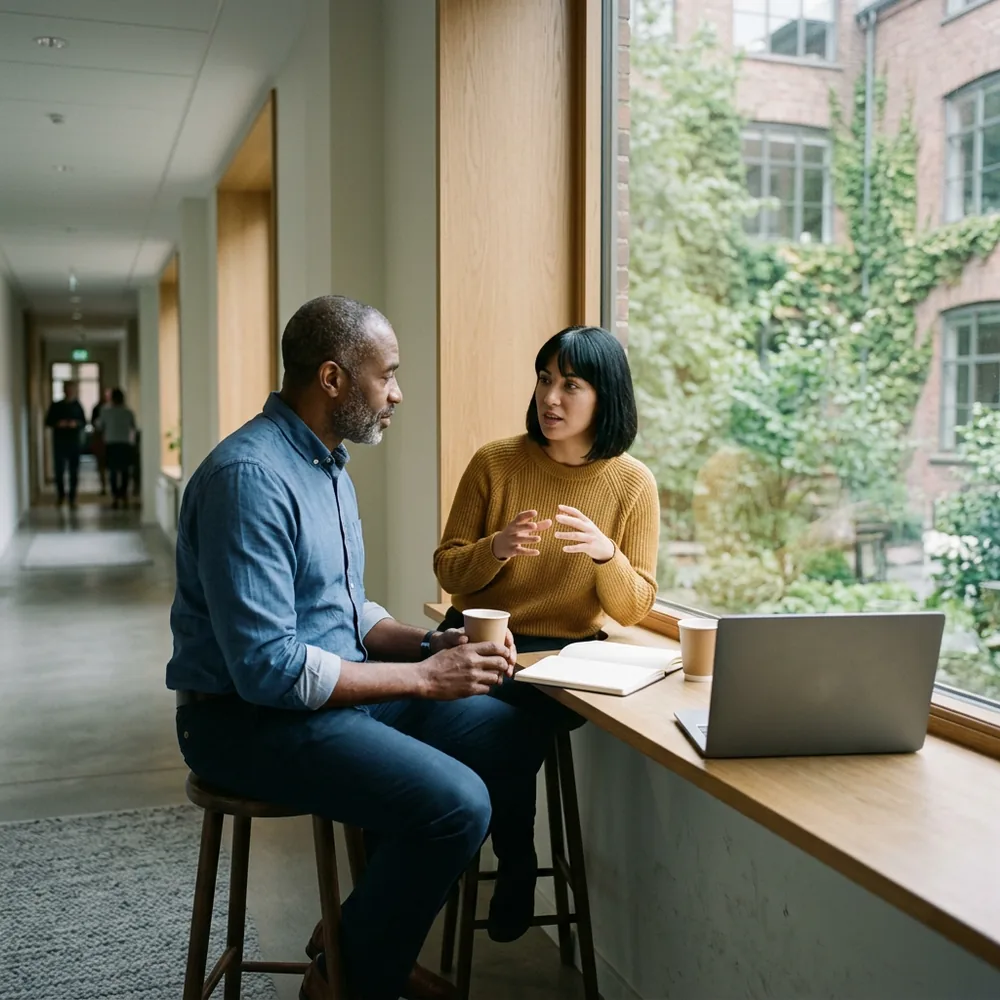 Engineering manager in a rolled-sleeve blue shirt and a contract engineer in a mustard sweater sit on stools at a sunlit window ledge with paper cups of coffee, a blank open notebook and a laptop between them