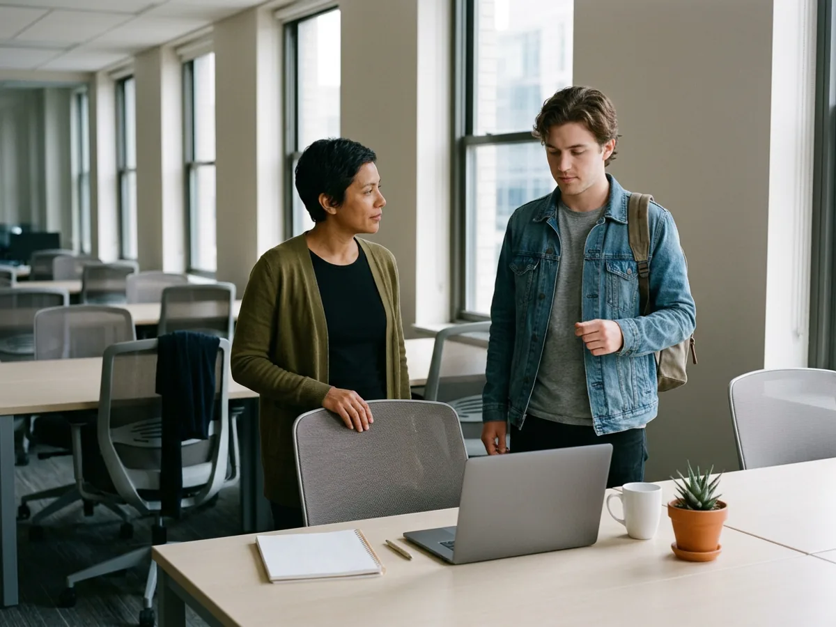 Staff engineer in an olive cardigan rests a hand on a desk chair beside a new contract engineer in a denim jacket holding a backpack strap, at a desk set with a laptop, a blank notebook and a small plant