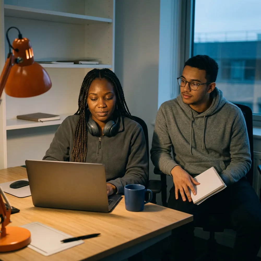 On-call engineer in a charcoal fleece with a headset around her neck sits at a desk beside a laptop and a mug while a younger contract engineer in a grey hoodie sits behind her holding a blank notebook, under an orange desk lamp