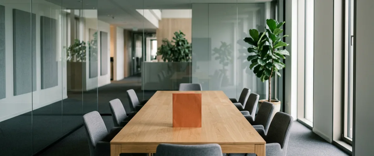 Empty glass-walled conference room with a long oak table, gray chairs, and a single plain orange folder in the center