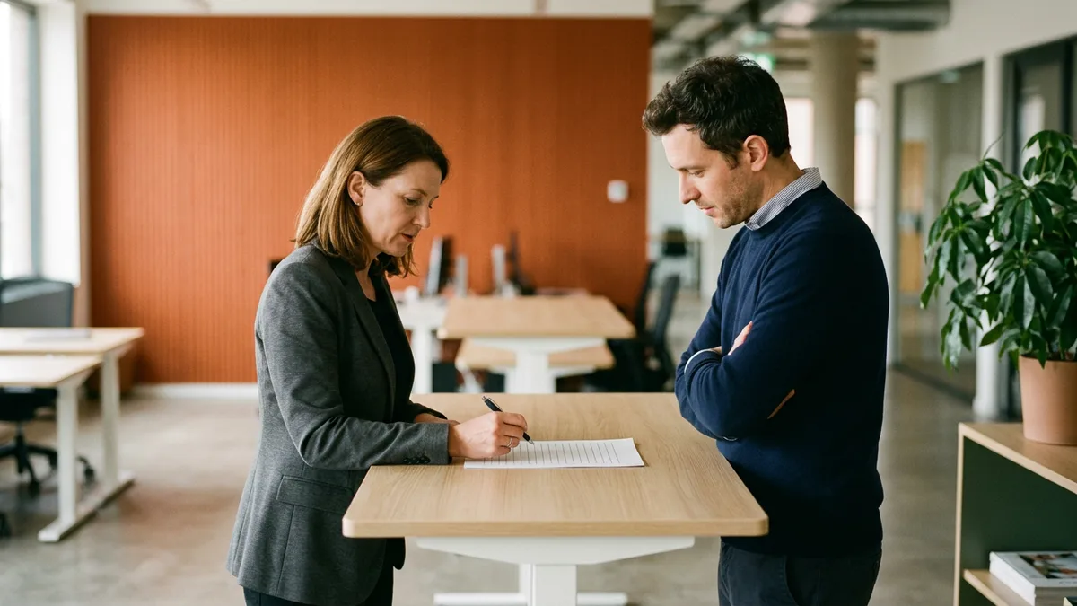 Woman in a charcoal blazer tapping one line of a printed list with a pen while a man in a navy sweater with folded arms looks on at a standing desk