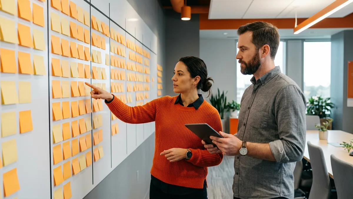 Recruiter and operations manager mapping first-quarter 2027 contract hiring needs on a wall of sticky notes