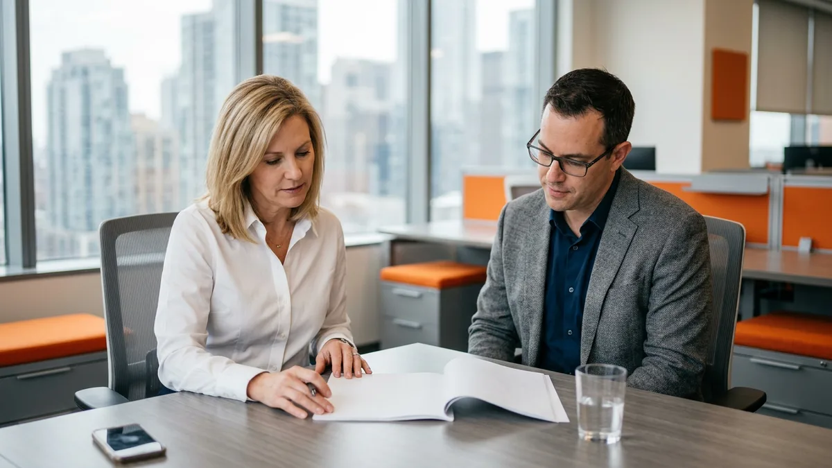 CFO in a white shirt and VP of IT in a gray jacket reviewing a printed packet at a desk while sizing the budget for a contract IT project manager