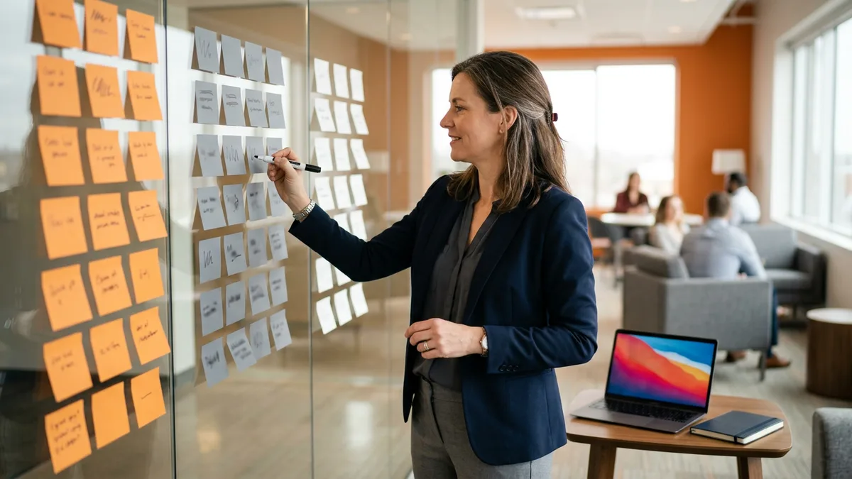 Contract IT project manager arranging orange and gray sticky notes on a glass planning wall in a mid-market office
