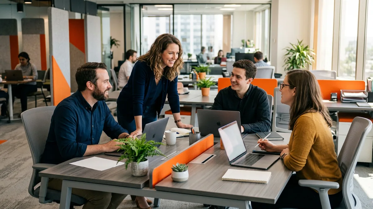 Four contract team members, an analyst, two engineers and a project manager, collaborating at shared desks in an open-plan office