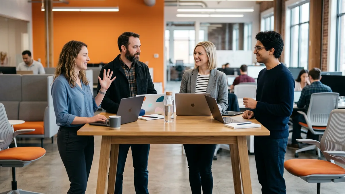 Four-person contract project team of engineers and a project manager in a weekly check-in around a standing table