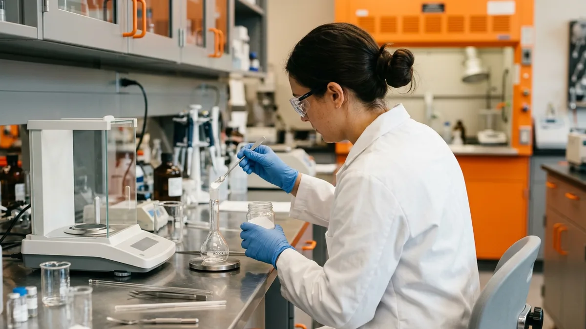 Lab analyst in a white coat and safety glasses adding powder to a volumetric flask beside an analytical balance
