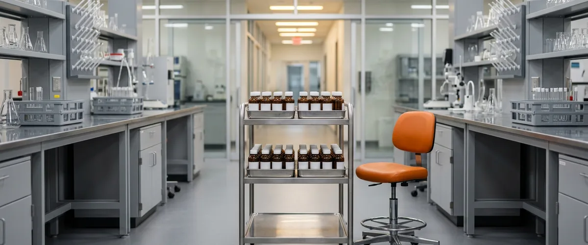 Stainless steel cart holding trays of amber sample bottles beside an orange lab stool in a bright quality control laboratory