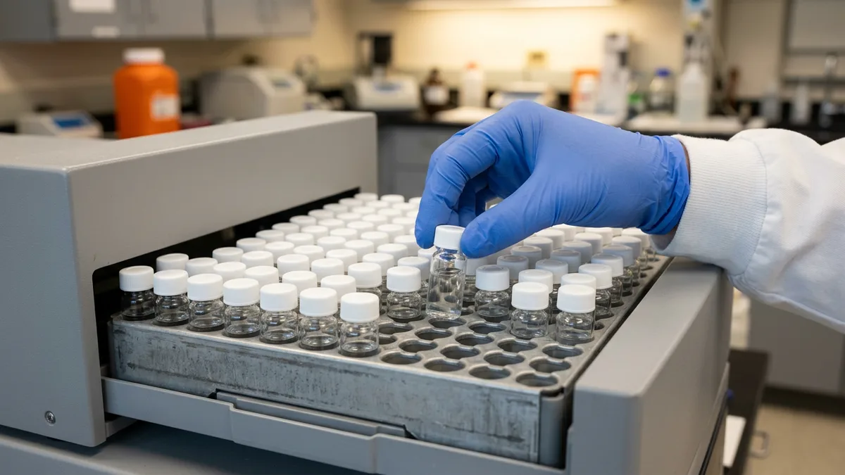 Gloved hand placing a glass vial into a tray of vials in an HPLC autosampler