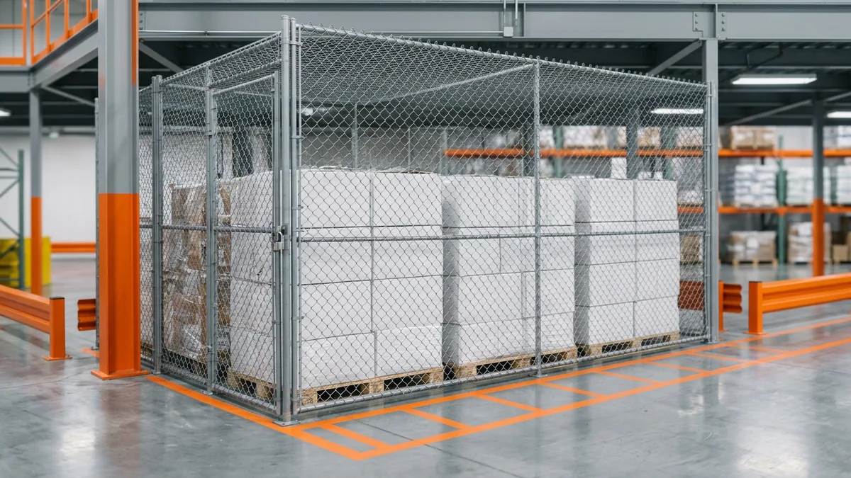 Wire mesh quarantine cage holding pallets of white shrink-wrapped cartons behind orange floor tape in a warehouse