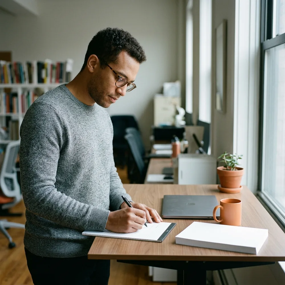 Hiring manager in round glasses and a grey sweater writes on a blank notepad at a standing desk by a window, a closed laptop, an orange mug and a stack of blank paper beside him